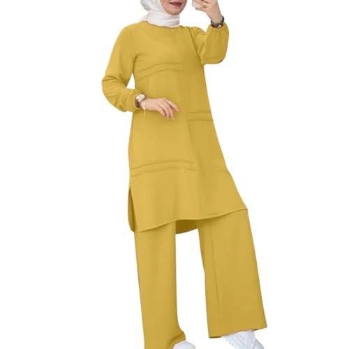 Abayas Dress For Women Muslim Long Sleeve Loose Top Pants 2 Pcs Dubai Islamic Muslim Women Matching Sets - color: Yellow Cc, size: Medium