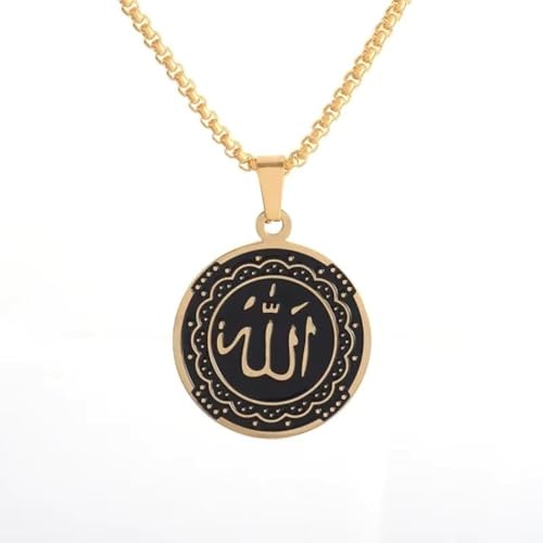 Islamic Allah Religious Amulet Stainless Steel Pendant Necklace Muslim Arabic Protection Jewelry Gift for Men Women - color: golden