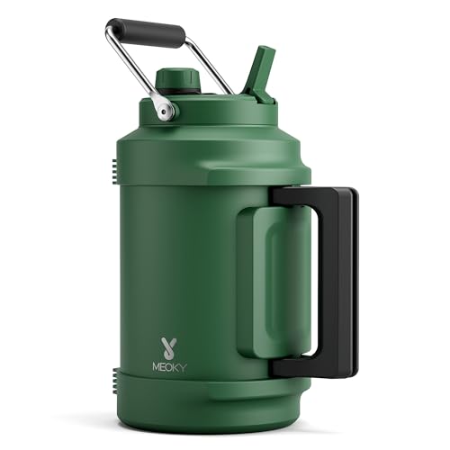 1 Gallon Insulated Water Bottle for Hiking: Meoky 128 oz Triple Wall Vacuum Stainless Steel Metal Water Jug - Top and Side Handles, Cold for 48 Hrs, 2-in-1 Straw and Spout Lid, Leakproof for Gym (Fir) - color: Fir, size: 128 Ounces