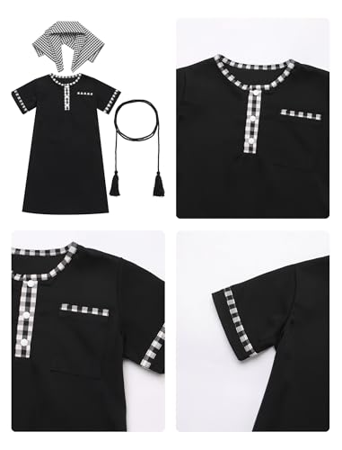 IDOPIP Muslim Baby Boys Ramadan Eid Outfit Kaftan Thobe Arabic Islamic Abaya Dubai Robe Prayer Clothes with Head Scarf + Rope - color: Black, size: 6-12 Months