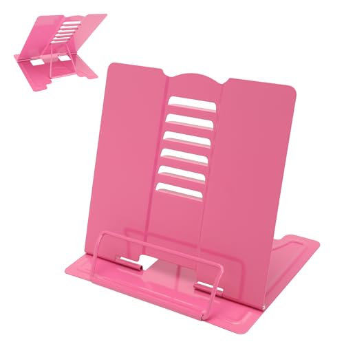 Metal Book Stand Adjustable Book Holder for Reading | Portable & Sturdy For Textbooks Cookbooks Sheet Music Papers Study - color: Rose Red
