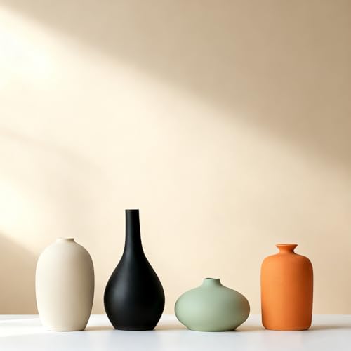 Set of 4 Small Matte Ceramic Vases - Modern & Bohemian Decor for Home, Office, Shelve, Living Room Table, Mantel, Bedroom, Entryway, Rustic Farmhouse Decorative Vases & More（Hademade - size: Vase Set 4 S1
