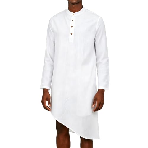 Mens Kaftan Thobe Robe Cotton Linen Long Sleeve Henley Shirt Casual Asymmetric Hem Muslim Kurta Gown Tops - color: White, size: Large