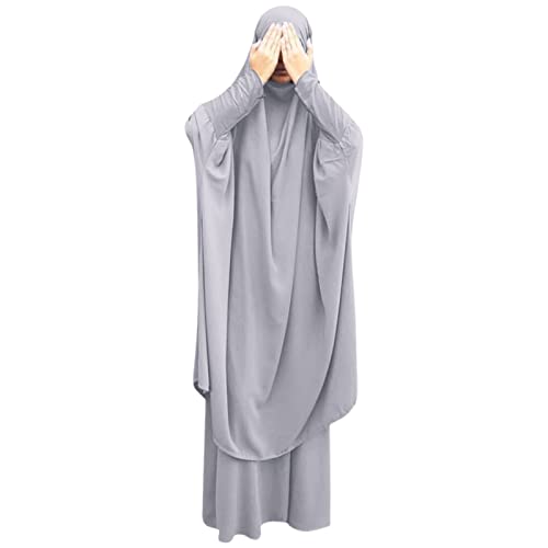 Prayer Clothes for Muslim Women Islamic Abaya Suit Maxi Skirt + Khimar Hijab 2pcss Burka Jilbab Kaftan - color: Grey