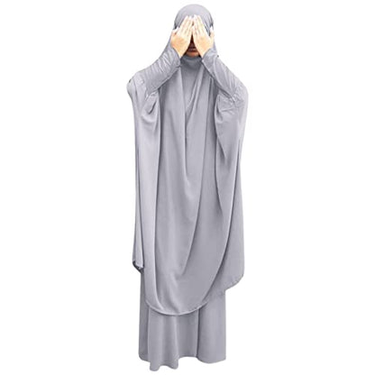 Prayer Clothes for Muslim Women Islamic Abaya Suit Maxi Skirt + Khimar Hijab 2pcss Burka Jilbab Kaftan - color: Grey