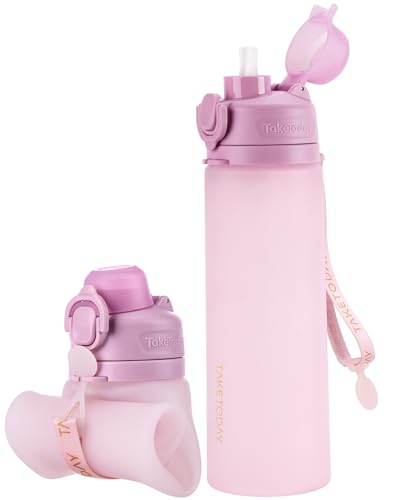 TakeToday Collapsible Water Bottles 21oz (600mL), Foldable Platinum Silicone Travel Water Bottle with Straw & Carry Strap, Leak-Resistant Screw Lid, Wide Mouth, BPA-Free for Hiking, Camping, Travel - color: Mauve