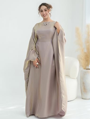 Dubai Bat Sleeve Dress Shiny Robe for Women Muslim 1pc Abaya Eid Prayer Clothes Soft Dubai Travel Party Dress Maxi Abaya - color: Coffee Pinka, size: Large