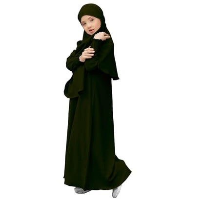 Muslim Dress for Baby Kids Girl Toddler Abaya Kaftan Prayer Long Sleeve Dress Dubai Ramadan Hijab Set Clothes - color: Ag, size: 5-6 Years