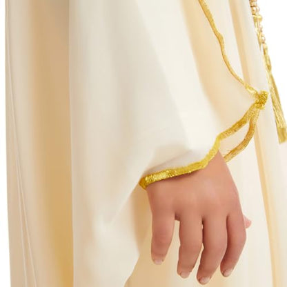 IDOPIP Muslim Thobe for Boys Islamic Arabic Kaftan Robe Ramadan Kids Long Sleeve Embroidery Tassels Open Front Cardigan Thobe - color: Beige, size: 5-7 Years
