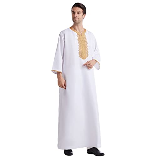 Mens Muslim Robes Long Kaftan Thobe Embroidered Henley Shirts Long Sleeve Nightgown Clergy Caftans - color: White, size: XX-Large
