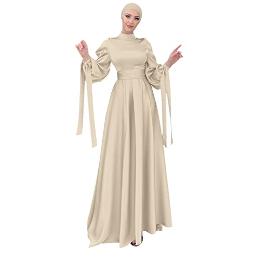 OBEEII Muslim Dress for Women Loose Full Cover Long Abaya Satin Dress Kaftan Abayas Islamic Robe S-XXL - color: Beige+hijab, size: XX-Large