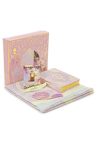 ihvan online Prayer Gift Set for Hajj and Umrah, Muslim Prayer Rug, Prayer Mat, Beads Taasbih, Holy Quran Translated French, Muslim Praying Mat, Islamic Gift Set for Ramadan & Eid, Pink - color: French Pink