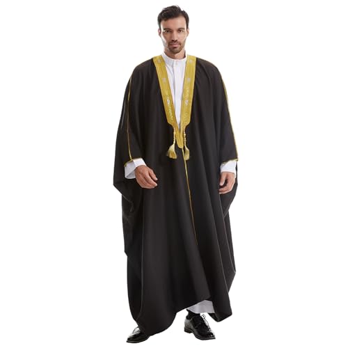 Muslim Men Thobe Thick Golden Tassel Muslim Prayer Cardigan Eid Open Abaya - color: Black, size: Medium
