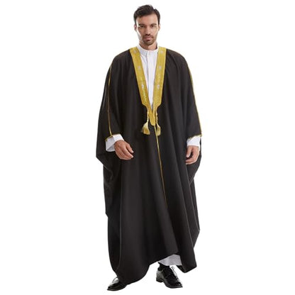 Muslim Men Thobe Thick Golden Tassel Muslim Prayer Cardigan Eid Open Abaya - color: Black, size: X-Large