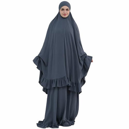 2PCS Women Muslim Prayer Abaya Dress Ruffle Trim Side Pockets with Khimar - color: Dark Gray, size: Large