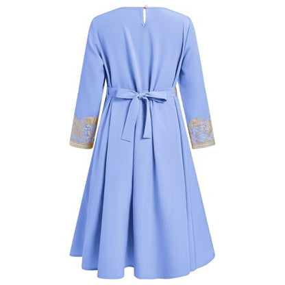 FYMNSI Kids Girls Muslim Abaya Dress Modest Lace Belted Prayer Dress Islamic Maxi Robe Kaftan Ramadan Arabian Dubai Clothes - color: Blue, size: 6-7 Years