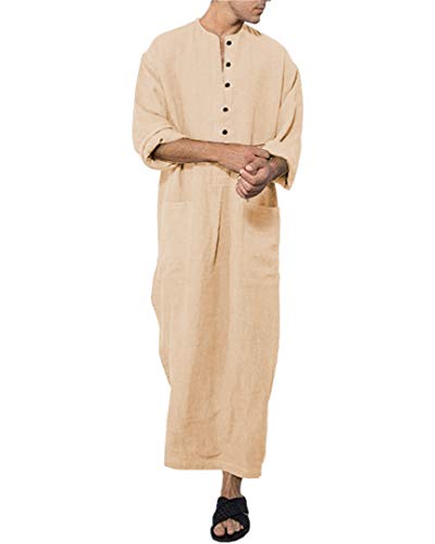 Jacansi Men's Button up Cotton Robe Long Sleeve Kaftan Thobe Long Gown Casual Shirt for Beach - color: 01-khaki, size: Large