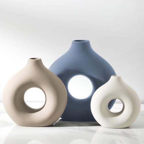Vanselia Ceramic Vase Home Table Decor - Flower Vases Set of 3 Small Living Room Centerpiece Decorations for Shelf Bedroom Office Kitchen Dining Desk Modern Aesthetic Farmhouse Decorative (Blue) - color: Blue