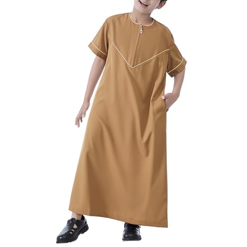 Boys Short Sleeve Muslim Thobes Islamic Kids Half Zipper Eid Traditional Prayer Kaftan Thobes Toddler Abaya Clothes - color: Khaki, size: 5-6 Years