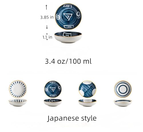 4 Pack 3 oz Small Soy Sauce Dish Ceramic Dipping Sauce Bowls | Japanese Style/Cute/Mini Dipping Bowls for Sushi,Side Dish,Ketchup,Dips,Condiment,Snack/BBQ Party/Stackable - color: Japanese Blue