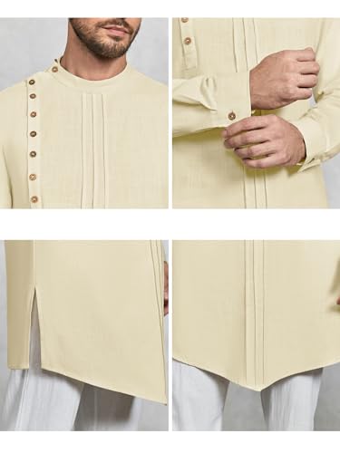 Gafeng Mens Kaftan Thobe Long Sleeve Robe Gown Casual Cotton Linen Button Muslim Shirt - color: Beige, size: Medium