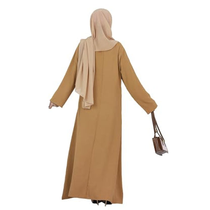 Women Abaya Muslim Dress Long Sleeve Modest Prayer Maxi Kaftan Islamic Clothes with Pockets - color: Khaki, size: X-Large