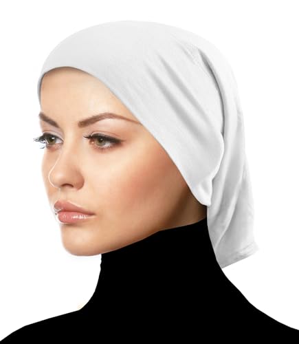 Premium Cotton Hijab Underscarf Cap – Soft Tube Beanie for Women, Chemo Headwear & Cancer Hair Loss Scarf, Stretchy Headband Underwear, Opaque Modest Wrap (White)