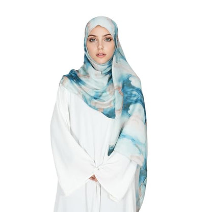Printed Hijab for Women Printing Hijab Scarf for Women Muslim Islamic Prayer Clothes 1pc Muslim Women's Khimar - color: Teal Marble
