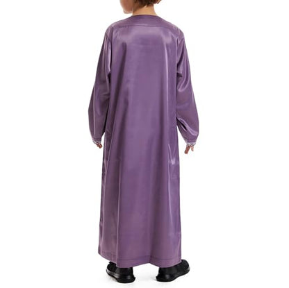 Boys Muslim Clothing Kids Prayer Outfits Long Sleeve Eid Dresses Embroidered Thobe Solid Color Crewneck Arabic Abaya - color: Purple, size: 7-8 Years