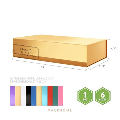 PACKHOME 6 Extra Large Gift Boxes 17.5x11.3x4.3 Inches, Sturdy Shirt Boxes with Magnetic Lids for Clothes and Large Gifts (Glossy Gold) - color: 17x11x4 Inch-Gold-Pack of 6
