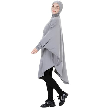 Muslim Abaya Dress for Women Highly Stretchy Batwing Hooded Prayer Hijab - color: Gray, size: Large