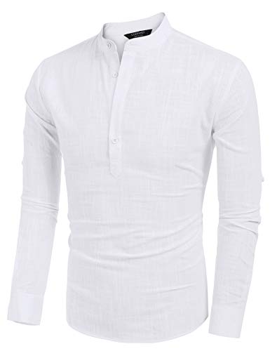 COOFANDY Men's Cotton Linen Henley T-Shirt Long Sleeve Hippie Casual Beach T-Shirts - color: 01-white, size: Small