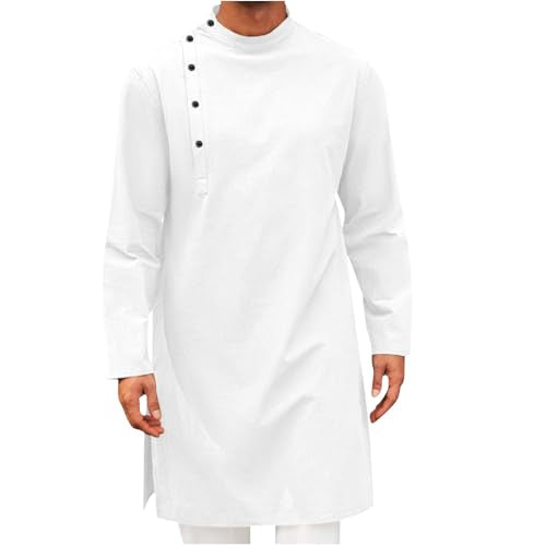 Mens Kaftan Thobe Long Sleeve Stand Collar Side Button Robe Gown Casual Loose Split Cotton Linen Muslim Shirts Top - color: White, size: 3X-Large
