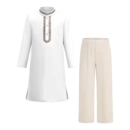 ODIZLI Toddler Boys Muslim Long Sleeve Kaftan Abaya and Pants With Pockets Saudi Arabic Dubai Outfits for Eid Ramadan - color: White, size: 6-7 Years