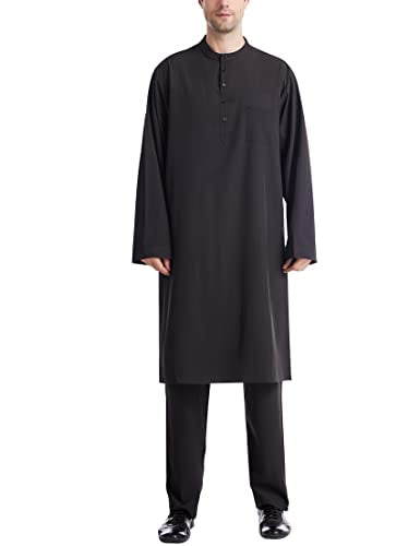 Thobe for Men Islamic Clothing Moroccan Kaftan Muslim Clothes 2 Piece Set - color: Black-4, size: Large