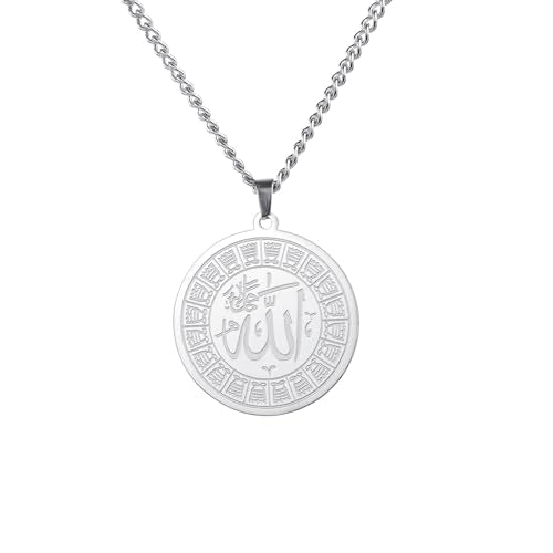 Ayatul Kursi Necklace Allah Necklace for Women Men Islamic Script Symbols Allah Arabic Round Pendant Necklace Middle East Allah Islam Religious Jewelry Muslim Gift - color: Allah Necklace silver 3