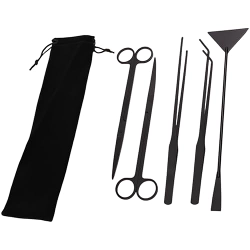 5 Pcs Aquarium Tools Kit, Black Long Stainless Steel Aquatic Plants Tools, Flat Sand Shovel, Straight and Curved Tweezers, Scissors, Anti-Rust Aquascaping Tool Set