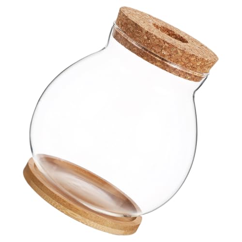 Small Glass Fish Bowl with Wood Lid, Hydroponic Desktop Aquarium Tank 10x11cm with Mat, Mini Planter Fish Tank for Home and Office Decoration
