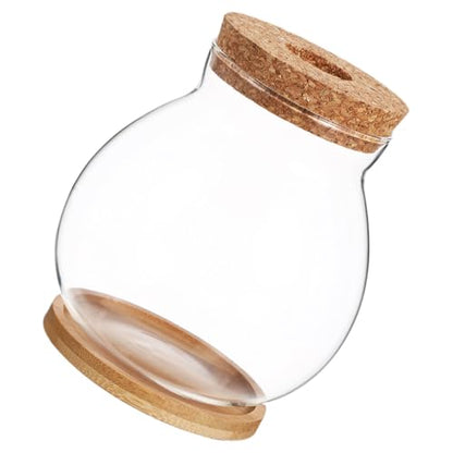 Small Glass Fish Bowl with Wood Lid, Hydroponic Desktop Aquarium Tank 10x11cm with Mat, Mini Planter Fish Tank for Home and Office Decoration