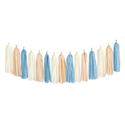 Dusty-Blue Baby-Shower Party-Decorations Tassel-Garland - 15pcs Neutral Boho Birthday Wedding Bridal Tassels, Beige Champagne Banner Streamers, Engagement Bachelorette Decor Panduola - color: Dusty-blue