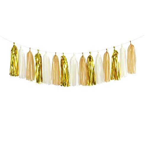 White Gold Champagne Party-Decorations Tassel-Garland -15pcs Christmas Wedding Engagement Tassels Banner Streamers Bachelorette Neutral Birthday Baby Bridal Shower Decor Panduola - color: White Gold Champagne