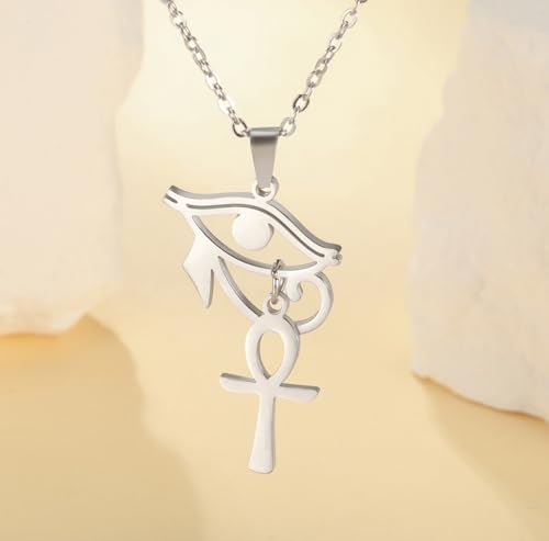 Ankh Cross Y Necklace Key of Life Eye of Horus Pendant Cartouche Long Chain Protection African Coptic Amulet Ancient Egyptian Religious Jewelry Gift for Women Men - color: Ankh Cross Eye of Horus silver 2