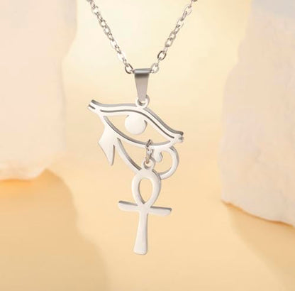Ankh Cross Y Necklace Key of Life Eye of Horus Pendant Cartouche Long Chain Protection African Coptic Amulet Ancient Egyptian Religious Jewelry Gift for Women Men - color: Ankh Cross Eye of Horus silver 2