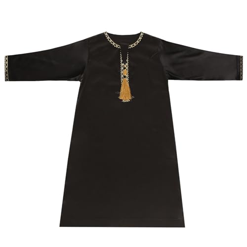Boys Muslim Clothing Kids Prayer Outfits Long Sleeve Eid Dresses Embroidered Thobe Solid Color Crewneck Arabic Abaya - color: Black, size: 7-8 Years