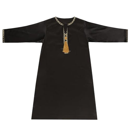 Boys Muslim Clothing Kids Prayer Outfits Long Sleeve Eid Dresses Embroidered Thobe Solid Color Crewneck Arabic Abaya - color: Black, size: 13-14 Years