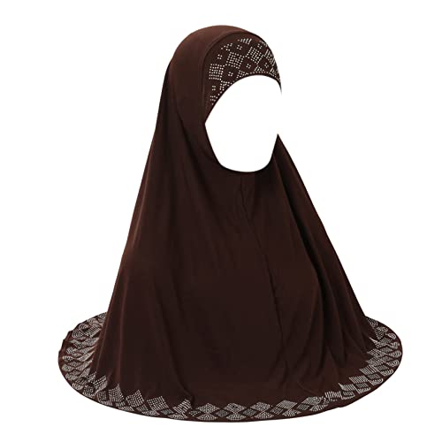 ZGMYC Women Shiny Rhinestones Muslim Hijab Elegant Long Turban Cap Head Wrap Scarf - color: Coffee