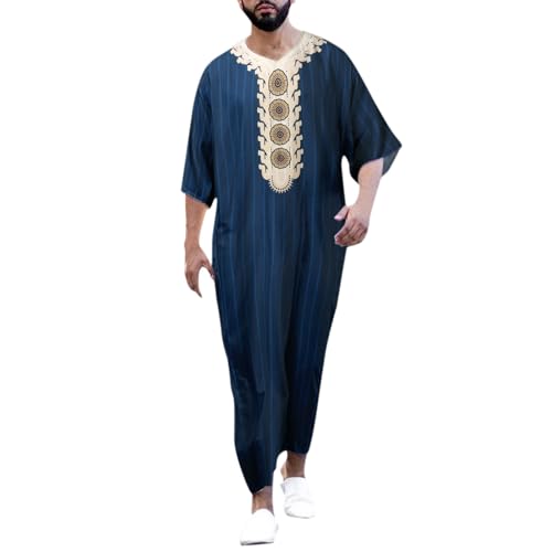 RTTUIOP Men's Muslim Clothes Lace Sleeves V-Neck Thobe Middle East Kaftan Saudi Arab Caftans Islamic Abaya Dress - color: 02-dark Blue, size: XX-Large