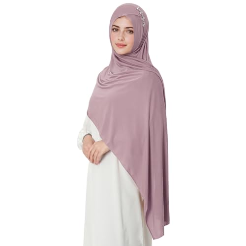 khalat Instant Hijab 여성용 무슬림 샤이니 라인스톤 데일리 스카프 부드럽고 신축성 있는 단색 이슬람 기도 히잡 - color: 라이트 퍼플