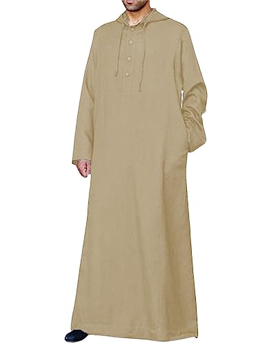 Jacansi Men's 65% Cotton 35% Linen Hooded Kaftan, Long Sleeve Button Down Thobe, Loose Casual Gown with Pockets - color: Khaki, size: Large