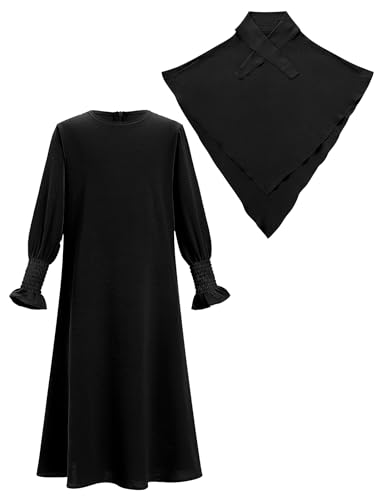 IWEMEK Kids Muslim Dress for Girls Islamic Prayer Abaya Dress with Hijab Jibab 2 Piece Eid Ramadan Dubai Outfits Kaftan Robe - color: Black, size: 9-10 Years